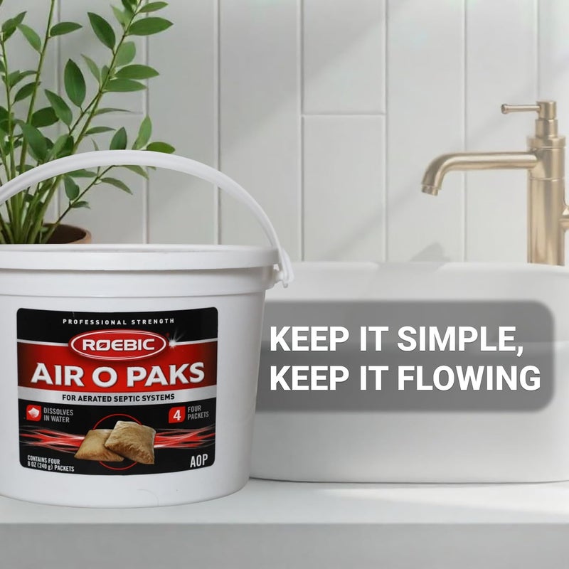 Roebic AOP Air-O-Paks for Aerated Septic Systems: Dissolves in Water, Degrades Grease, Proteins, Soaps, Chemicals - Four 8-Ounce Packets, 8 oz - Image 5