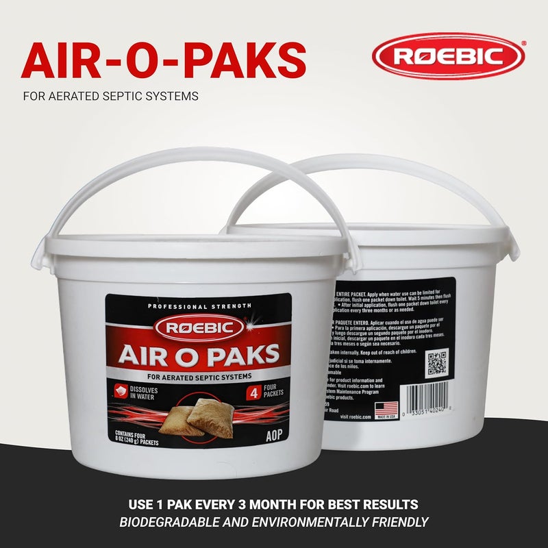 Roebic AOP Air-O-Paks for Aerated Septic Systems: Dissolves in Water, Degrades Grease, Proteins, Soaps, Chemicals - Four 8-Ounce Packets, 8 oz - Image 2