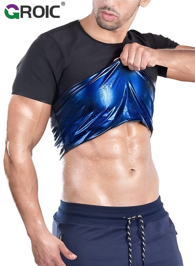 GROIC Men Sweat Suit, Sauna Sweat Suits Shirt Waist Trainer for Men, Compression Vest Workout Gym Clothes Sweat Enhancer Short Sleeve, Weight Loss Body Shaper for Workout Sports - Image 1