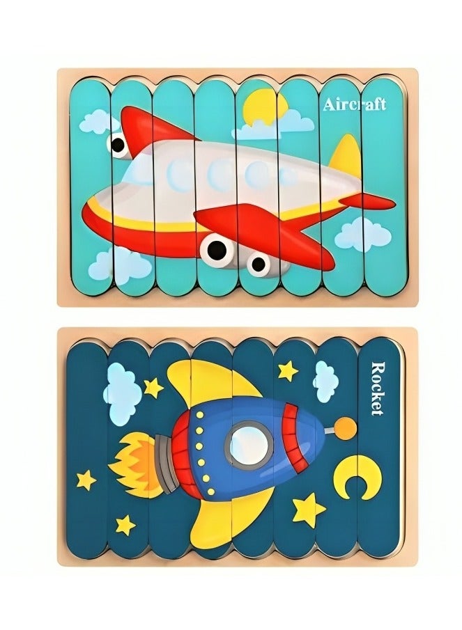 Wooden 3D Jigsaw Puzzles Double Style for Toddlers, Teacher Parents Early Learning Support Tools, Montessori Motor and Sensory Skills Develop Toys, Ideal Kids Gift (Aircraft & Rocket Style) - Image 1