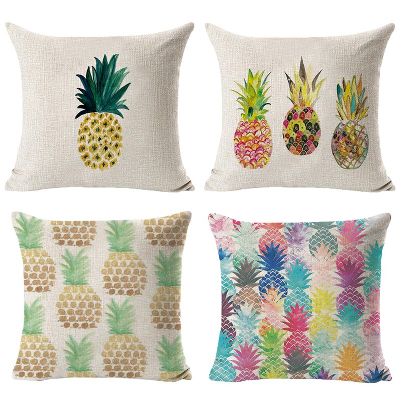 NYDECOR Decorative Throw Pillow Covers Pineapple Pillow Cases Cotton Linen Cushion Cover Pillowcase 18 x 18 for Couch Bed Sofa Patio CarSet of 4
