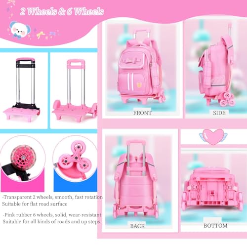 MITOWERMI Rolling Backpack for Girls Cute Trolley Bags Primary School Bookbags with Wheels Kids Carry-On Wheeled Backpack with Lunch Bag - Image 5