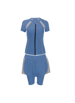 Swimsuit Women's Conservative Split Five-point Three-piece Suit Plus Size Chubby Girl Girl Meat Covering Student Sports Swimming-Color:Light Blue-Size:5XL