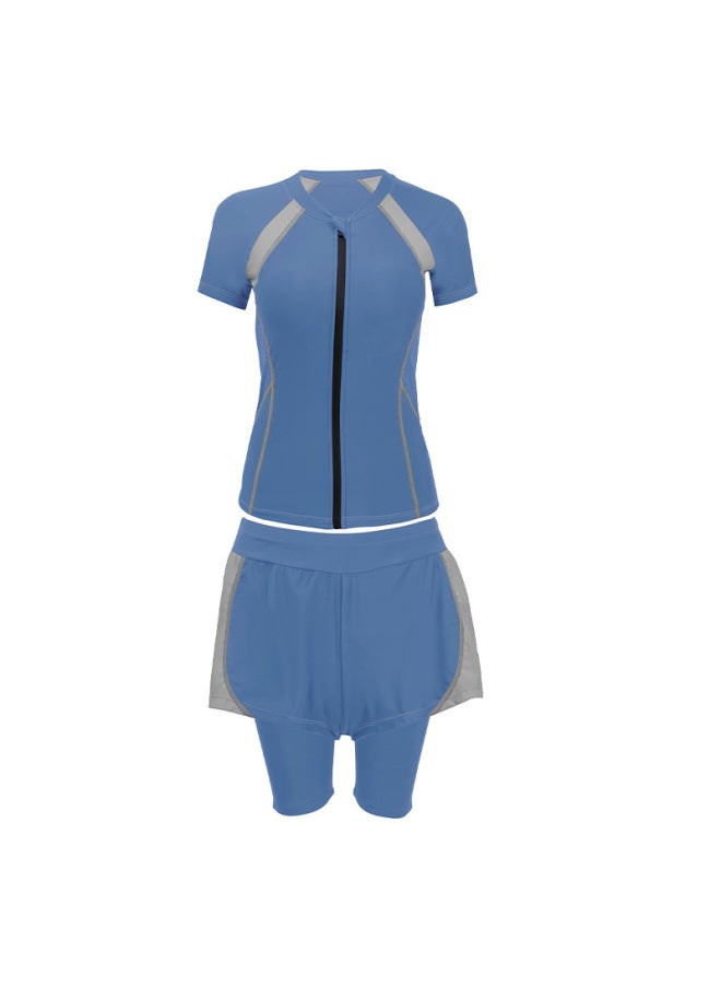 Generic - Swimsuit Women's Conservative Split Five-point Three-piece Suit Plus Size Chubby Girl Girl Meat Covering Student Sports Swimming-Color:Light Blue-Size:5XL - Image 1