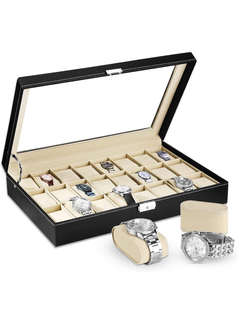 Decorhills Watch Box Organizer PU Leather 24 Slots – Watch Display Case with Glass Lid, Metal Lock & Soft Cushions, Elegant Jewelry Storage Holder for Men & Women Watches - Image 1
