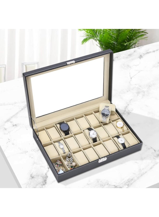 Decorhills Watch Box Organizer PU Leather 24 Slots – Watch Display Case with Glass Lid, Metal Lock & Soft Cushions, Elegant Jewelry Storage Holder for Men & Women Watches - Image 2