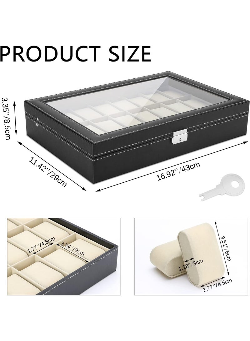 Decorhills Watch Box Organizer PU Leather 24 Slots – Watch Display Case with Glass Lid, Metal Lock & Soft Cushions, Elegant Jewelry Storage Holder for Men & Women Watches - Image 3