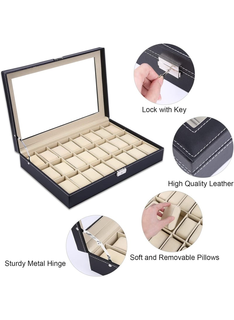 Decorhills Watch Box Organizer PU Leather 24 Slots – Watch Display Case with Glass Lid, Metal Lock & Soft Cushions, Elegant Jewelry Storage Holder for Men & Women Watches - Image 4