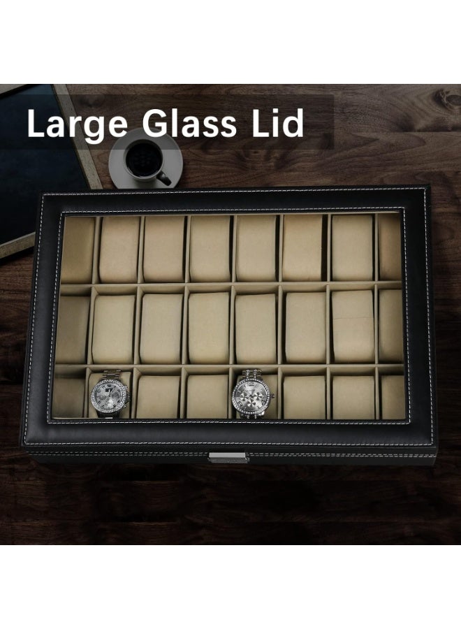 Decorhills Watch Box Organizer PU Leather 24 Slots – Watch Display Case with Glass Lid, Metal Lock & Soft Cushions, Elegant Jewelry Storage Holder for Men & Women Watches - Image 5