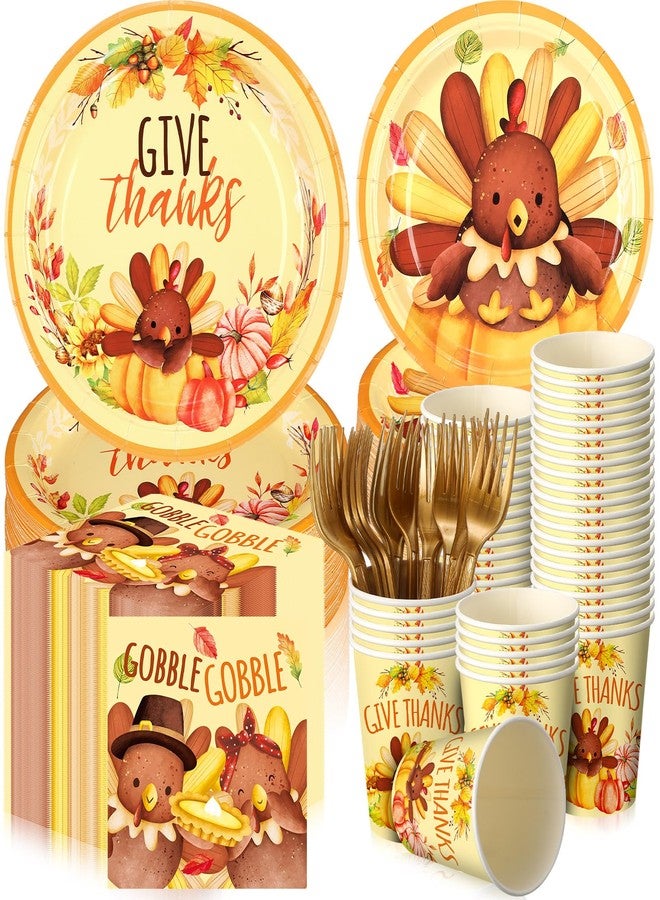 Sliner 180 Pcs Autumn Paper Plates and Napkins, Cups, Cutlery,thanksgiving Disposable Plates and Napkins Sets,for Thanksgiving, Fall Party Decorations Supplies, Serves 30 Guests(Cute Turkey) - Image 1