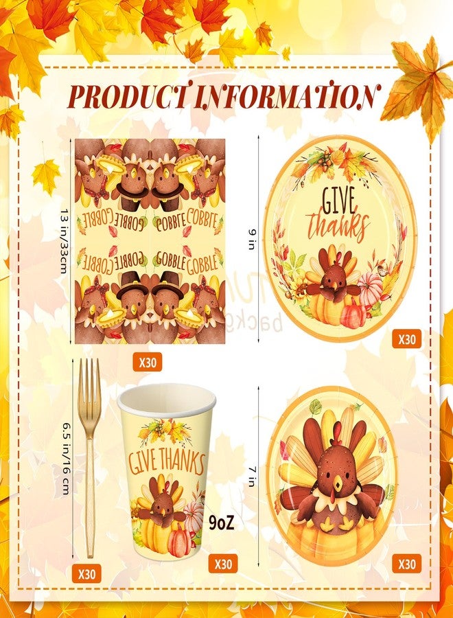 Sliner 180 Pcs Autumn Paper Plates and Napkins, Cups, Cutlery,thanksgiving Disposable Plates and Napkins Sets,for Thanksgiving, Fall Party Decorations Supplies, Serves 30 Guests(Cute Turkey) - Image 2