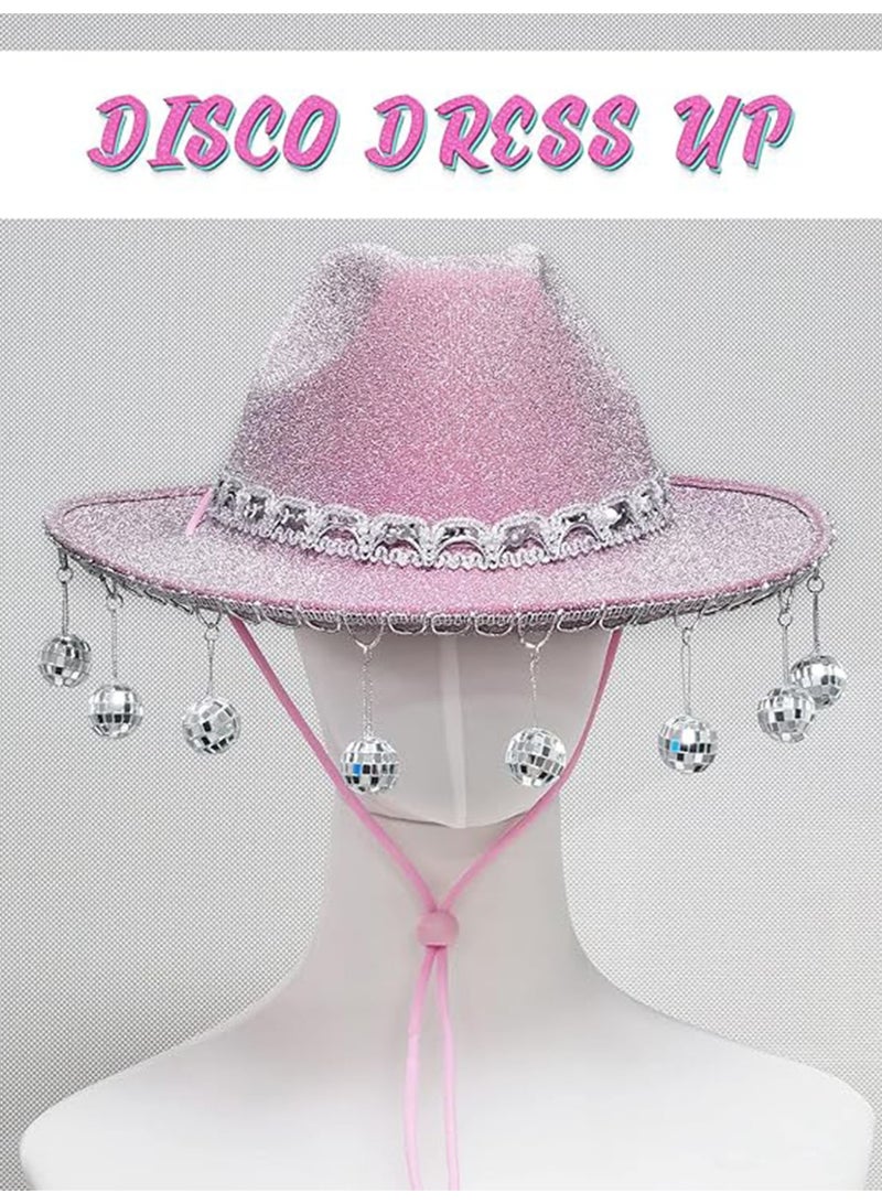 Realfrog Womens Cowboy Hat Pink Disco Cowgirl Hat with Bandana, Glitter Rhinestone Disco Ball Cowboy Hat for Women Men Costume Cosplay - Image 4