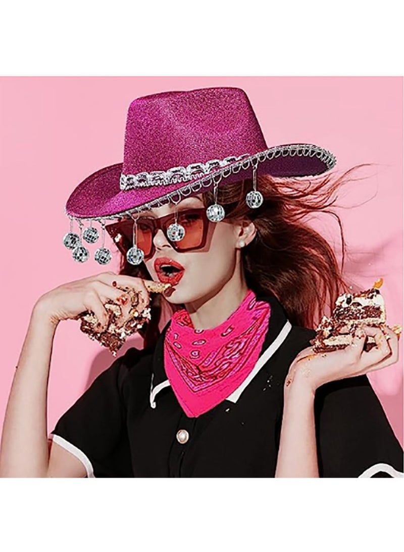 Realfrog Womens Cowboy Hat Pink Disco Cowgirl Hat with Bandana, Glitter Rhinestone Disco Ball Cowboy Hat for Women Men Costume Cosplay - Image 2