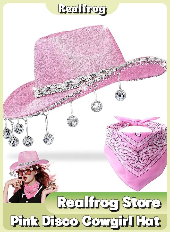 Realfrog Womens Cowboy Hat Pink Disco Cowgirl Hat with Bandana, Glitter Rhinestone Disco Ball Cowboy Hat for Women Men Costume Cosplay - Image 1