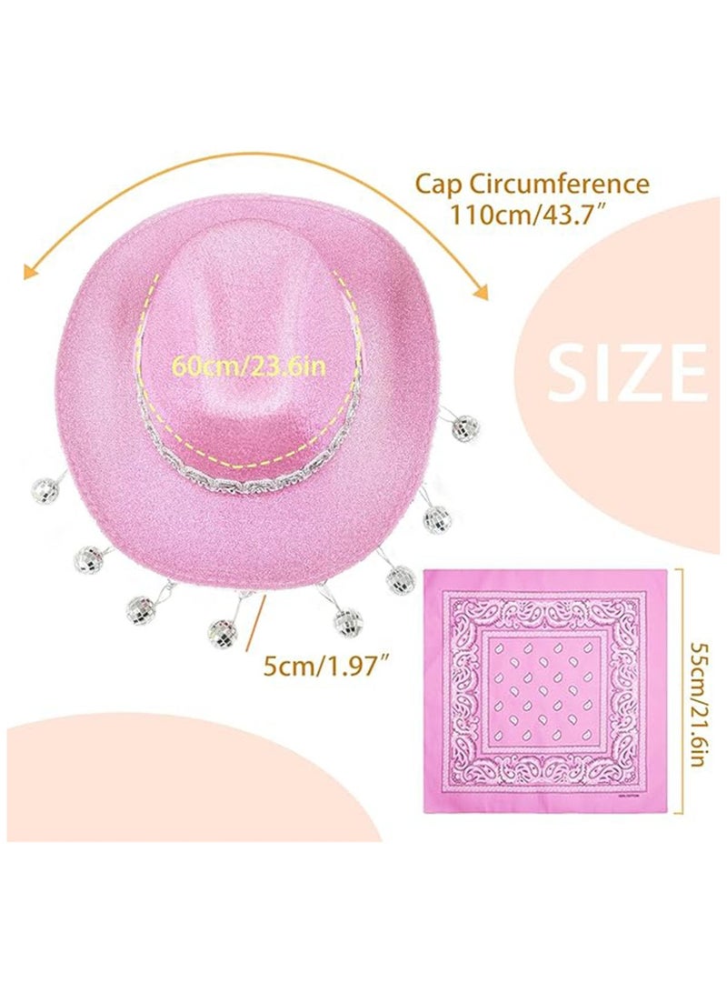 Realfrog Womens Cowboy Hat Pink Disco Cowgirl Hat with Bandana, Glitter Rhinestone Disco Ball Cowboy Hat for Women Men Costume Cosplay - Image 5