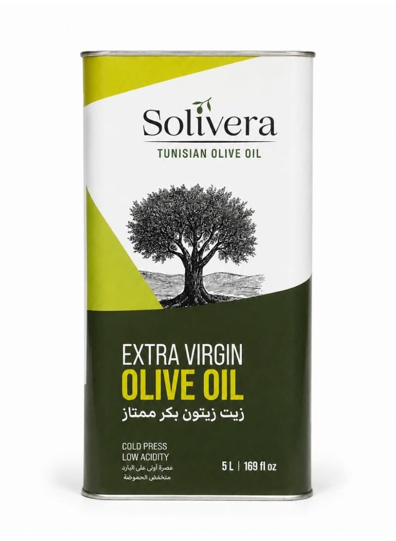 SOLIVERA Premium Tunisian Extra Virgin Olive Oil – First Cold Pressed – Low Acidity – 5L Metal Tin - Image 1