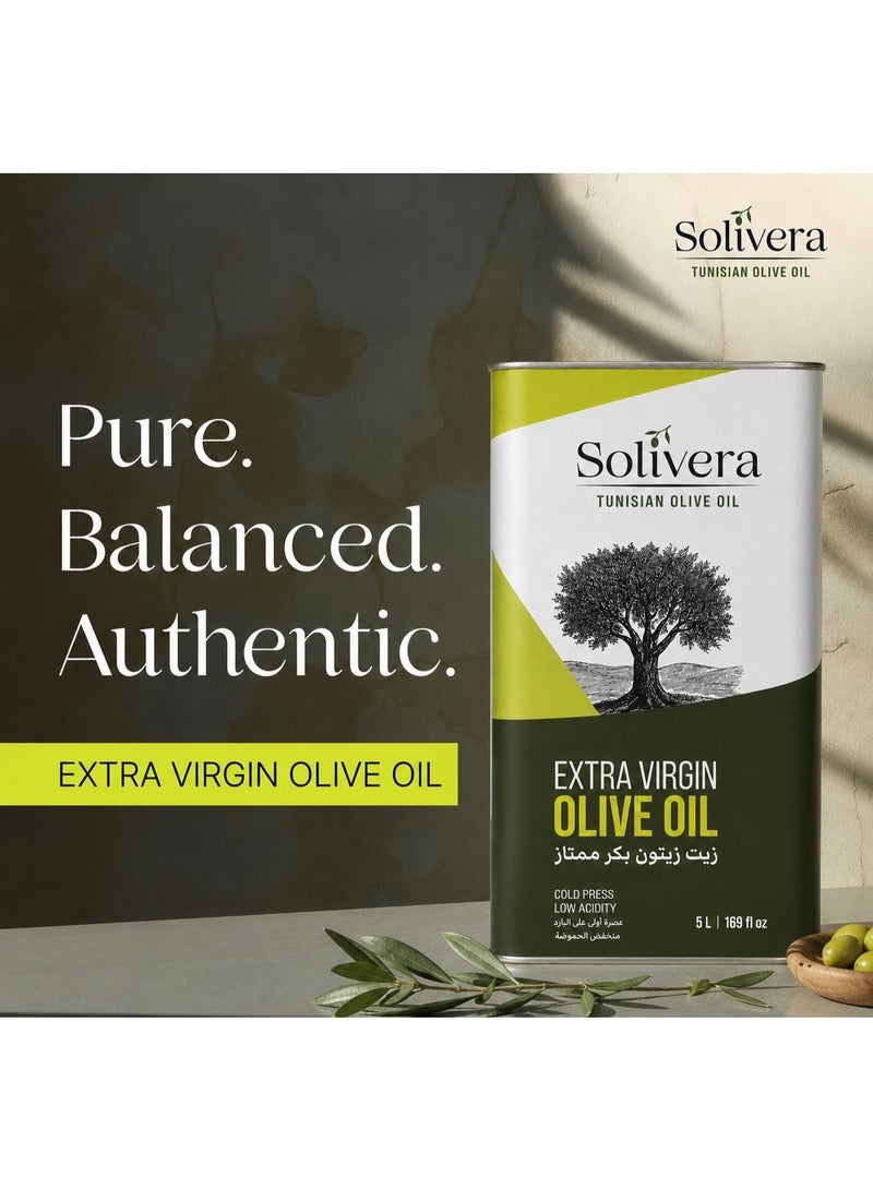 SOLIVERA Premium Tunisian Extra Virgin Olive Oil – First Cold Pressed – Low Acidity – 5L Metal Tin - Image 2