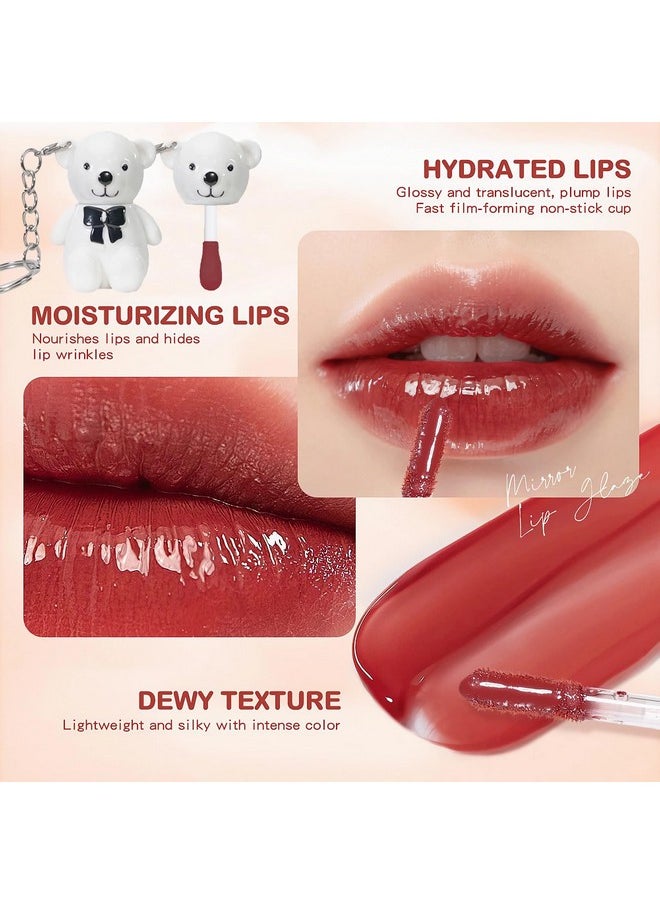 Bear Lip Gloss Keychain Mirror Lip Tint Stain Liquid Lipstick Multiuse Lip Glaze And Cheek Tint High Pigment Longlasting Nourishing Repairing (6 Cherry)