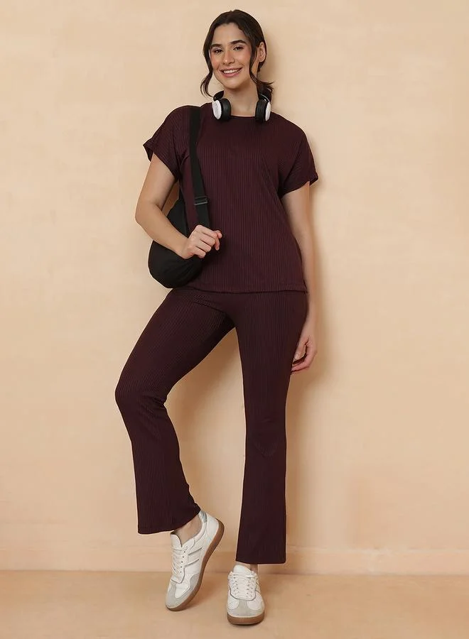 Clovia Maroon Ribbed Top And Pants Loungewear Set