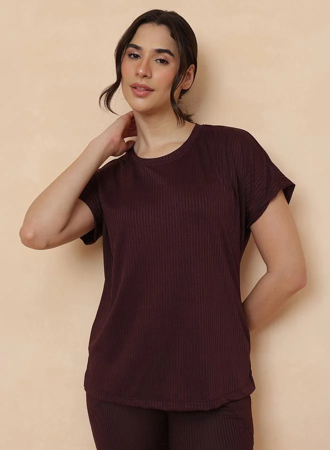Clovia Maroon Ribbed Top And Pants Loungewear Set