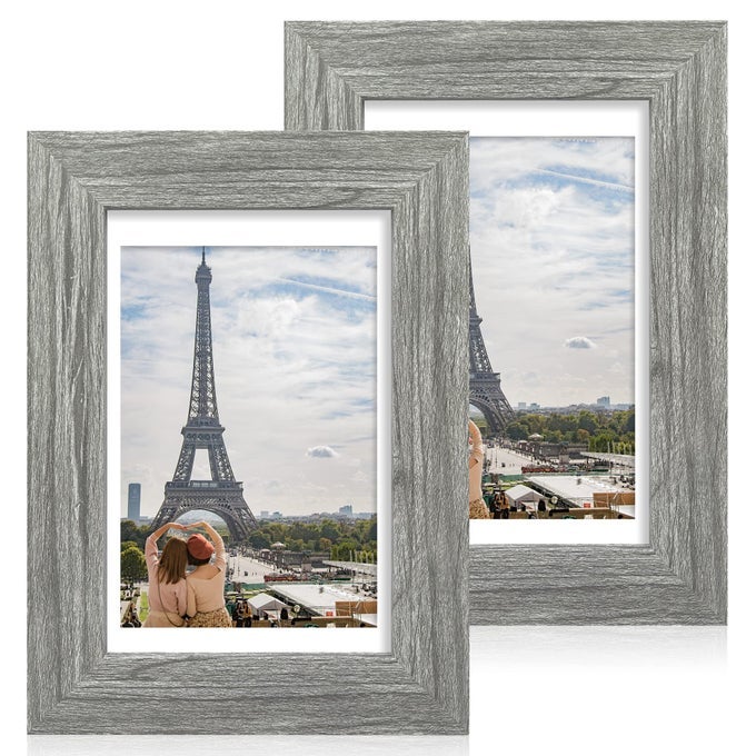 5X7 PICTURE FRAME SET OF 2 MADE OF REAL GLASS AND RUSTIC GREY WOODEN FRAME DISPLAY PICTURES 4X6 WITH MAT OR 5X7 WITHOUT MAT 5 BY 7 PHOTO FRAME FOR WALL OR TABLETOP DISPLAY
