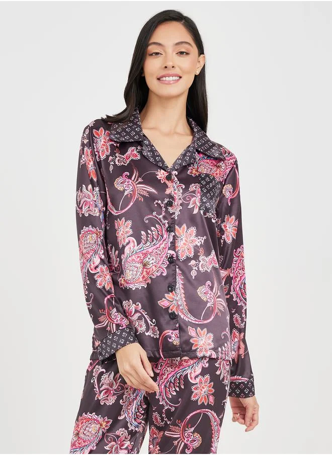 Styli Satin Paisley Geo Print Shirt & Pyjama Set