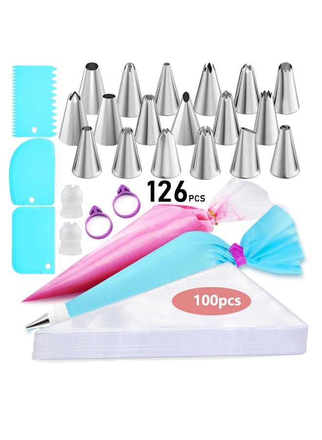 126Pcs Piping Bags and Tips Set, 11.8 Inch 100 Anti Burst Piping Bags, 126 Pcs Cake Decorating Kit with 18 Piping Tips, 1 Reusable Pastry Bags, 3 Cake Scrapers, 2 Couplers, and 2 Icing Bags Ties  - Image 1