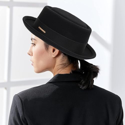 Eohak Pork Pie Hat for Men Women Short Brim Fedora Flat Hat Wool Felt Boater Panama Hats Size:S-M - Image 2