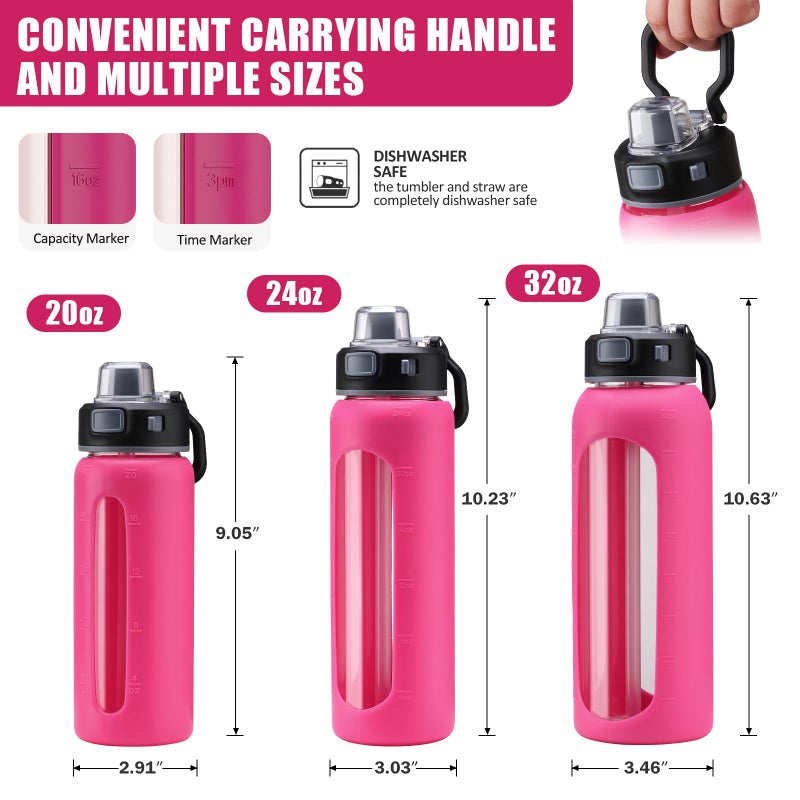Kodrine 24oz Glass Water Bottle With Straw-2 lids-Reusable Daily Water Intake Glass Bottle with Measurements,Silicone Sleeve, Time Marker, Cupholder Friendly for Home,Gym,Sports-Rose Red - Image 3