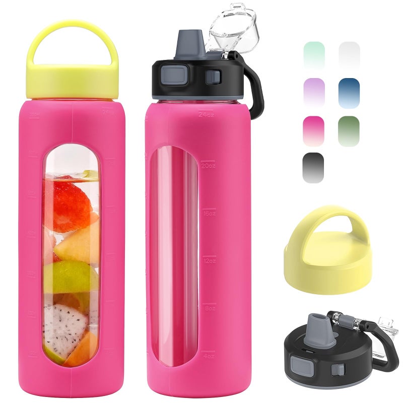 Kodrine 24oz Glass Water Bottle With Straw-2 lids-Reusable Daily Water Intake Glass Bottle with Measurements,Silicone Sleeve, Time Marker, Cupholder Friendly for Home,Gym,Sports-Rose Red - Image 1