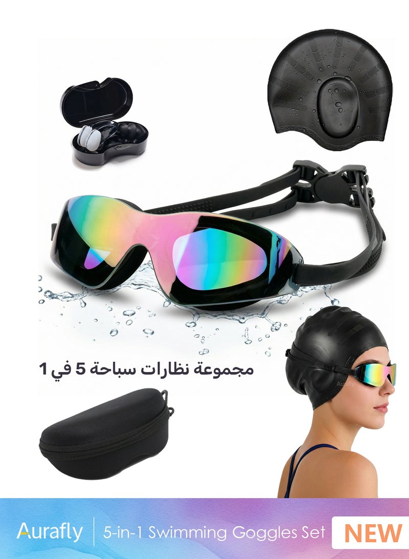 Aurafly 5-in-1 Anti-Fog Swimming Goggles - Goggle Set with Swimming Cap, Earplugs, Nose Clip,Portable Swimming Goggle Case and Leak-Proof Goggles - Waterproof Swimming Goggles that Can Effectively Block Ultraviolet Rays,Clear Vision,180° Panoramic - Suitable for Men Women Teenagers - Image 1