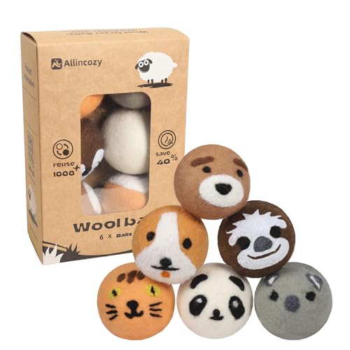 ALLINCOZY Wool Dryer Balls Laundry Reusable, Natural Eco-Friendly Fabric Softener Reduce Clothing Wrinkles, New Zealand Wool Laundry Balls for Dryer (Pack of 6, Animal) - Image 1