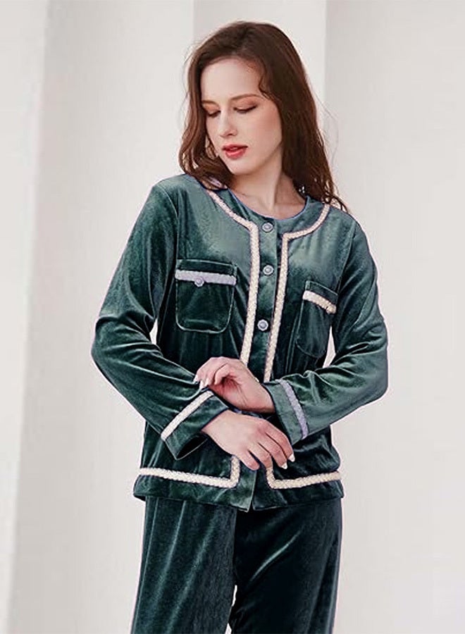 MARGOUN Women Velour Pajamas Set Long Sleeve Leisure Suit Home Clothes Soft Sleepwear Nightclothes Green - Image 1