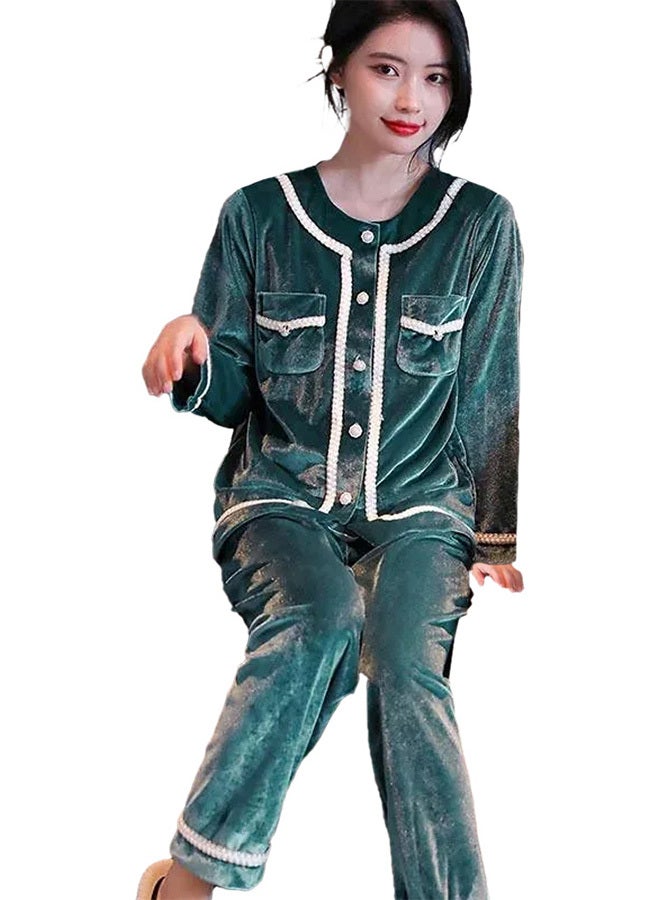 MARGOUN Women Velour Pajamas Set Long Sleeve Leisure Suit Home Clothes Soft Sleepwear Nightclothes Green - Image 2