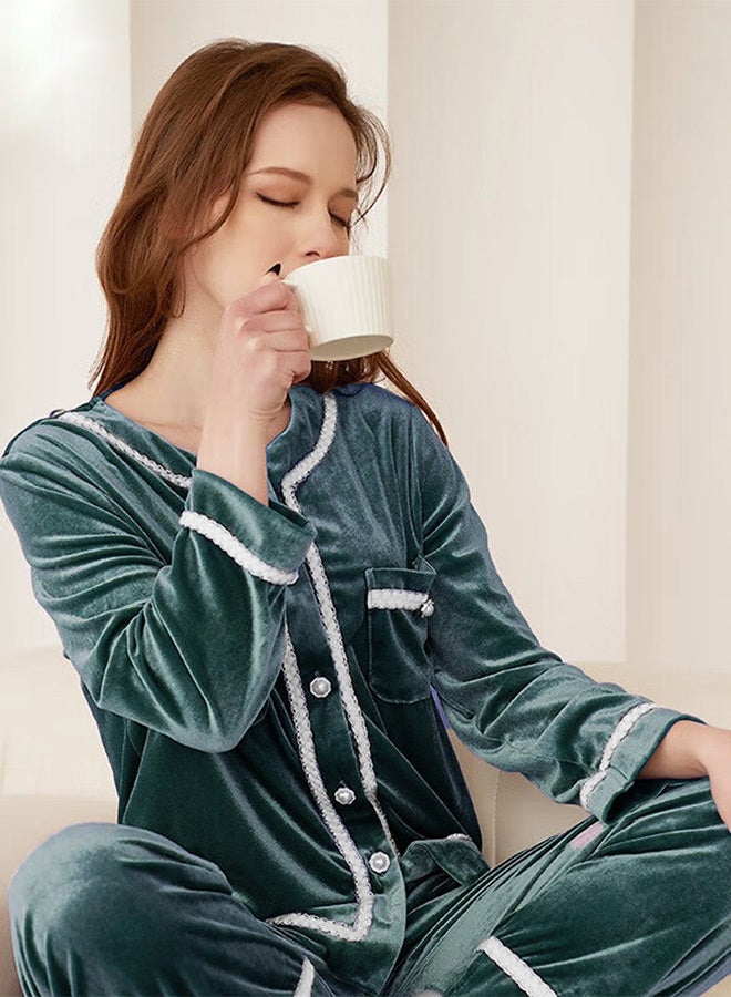MARGOUN Women Velour Pajamas Set Long Sleeve Leisure Suit Home Clothes Soft Sleepwear Nightclothes Green - Image 3