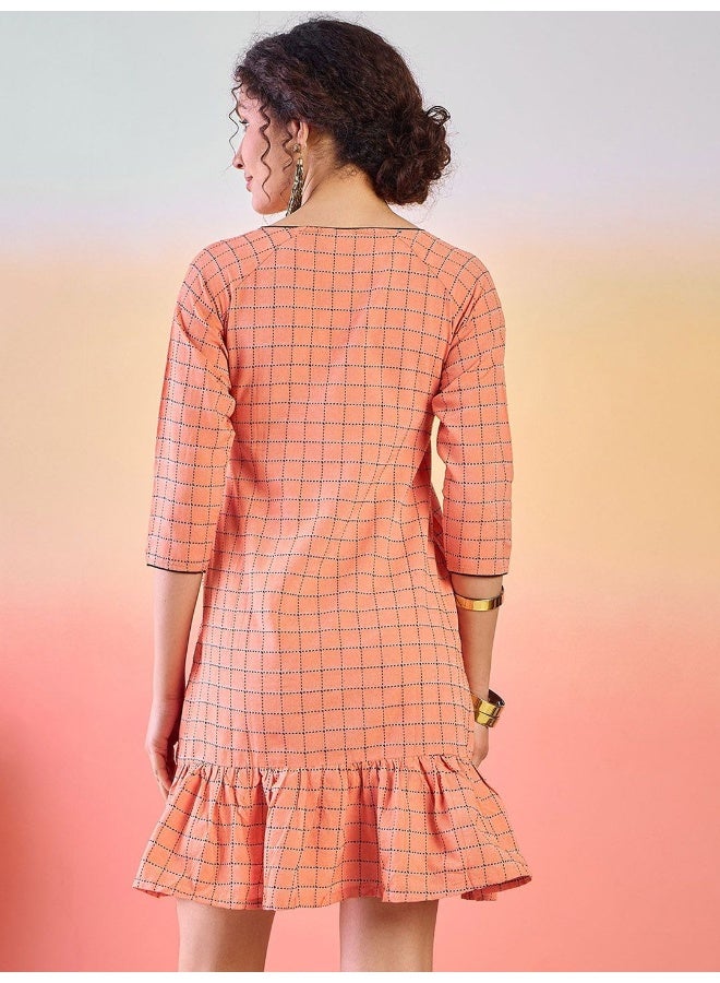 AKS V Neck Checked Printed Cotton A-Line Dress  - Image 5