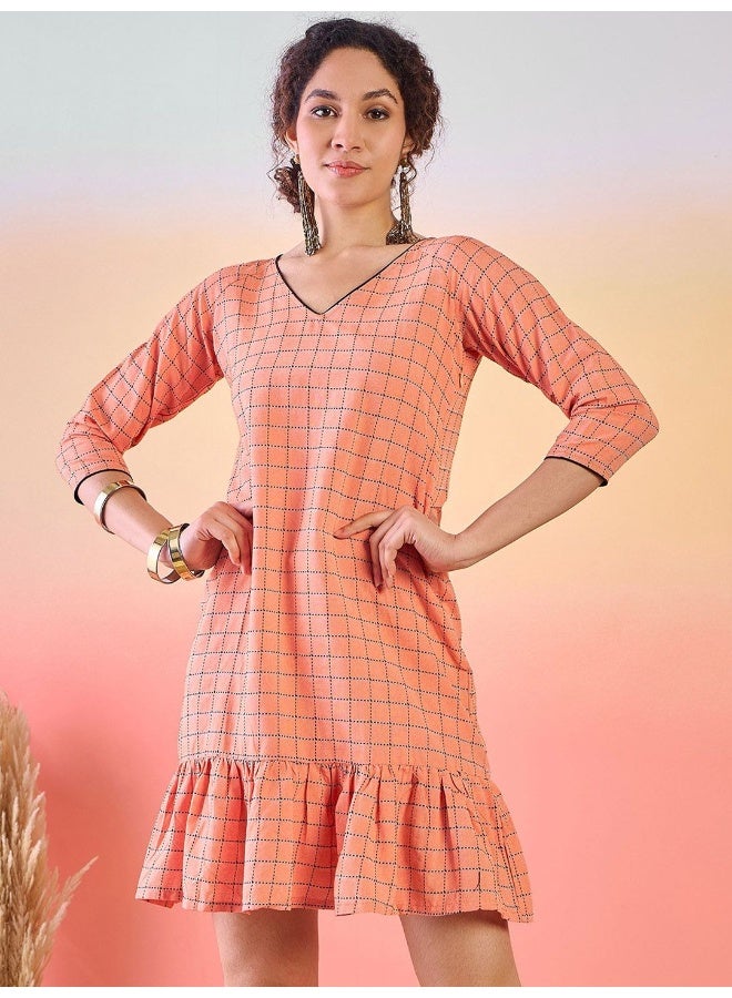 AKS V Neck Checked Printed Cotton A-Line Dress  - Image 1