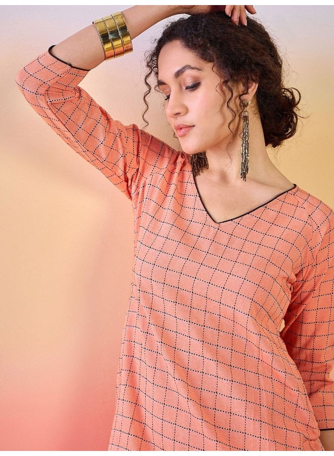 AKS V Neck Checked Printed Cotton A-Line Dress  - Image 2