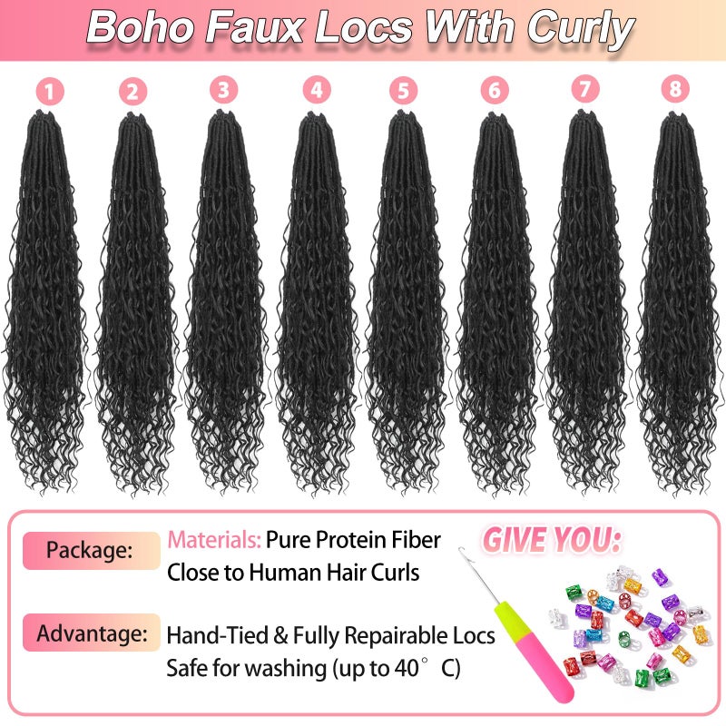 Alaleibaby Boho Faux Locs Crochet Hair 18 Inch Goddess Locs 8 Packs Boho Soft Locs Crochet Hair with Curly Ends Pre-looped Long Bohemian River Locs for Black Women (1B, 18 Inch(Pack of 8)) - Image 3