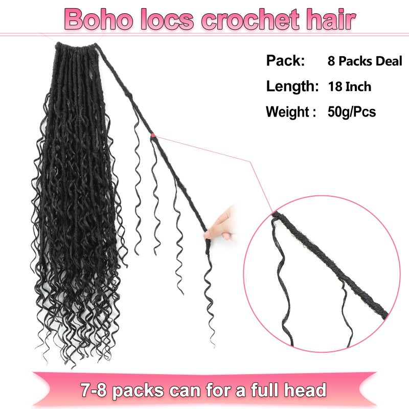 Alaleibaby Boho Faux Locs Crochet Hair 18 Inch Goddess Locs 8 Packs Boho Soft Locs Crochet Hair with Curly Ends Pre-looped Long Bohemian River Locs for Black Women (1B, 18 Inch(Pack of 8)) - Image 2