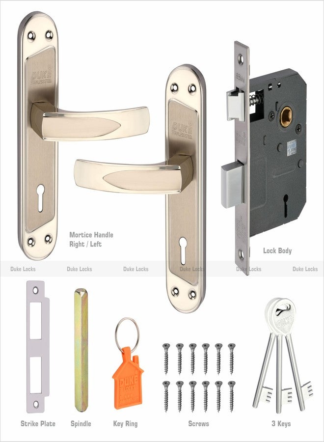 DUKElocks Duke Mortice Door Lock Set 1001 SS KY for Main Door, Kitchen, Bedroom, Office, Hotel Brass Lock Body with 3 Keys Stainless Steel Colour 190 MM (8 INCH) - Image 3