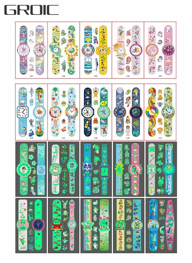 GROIC 20 Sheets Temporary Tattoos for Kids, Clock Watch Tattoos, Mixed Styles Waterproof Luminous Fake Tattoos Stickers for Party Supplies  - Image 1