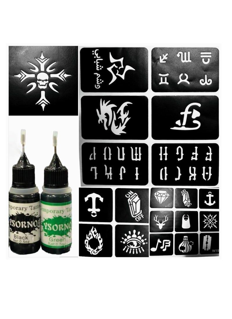 Generic Temporary tattoo ink for men, 2 colors, black and green, and 50 templates for men  - Image 3