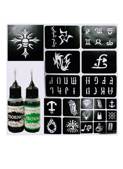Temporary tattoo ink for men, 2 colors, black and green, and 50 templates for men