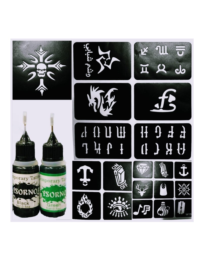 Generic Temporary tattoo ink for men, 2 colors, black and green, and 50 templates for men  - Image 1