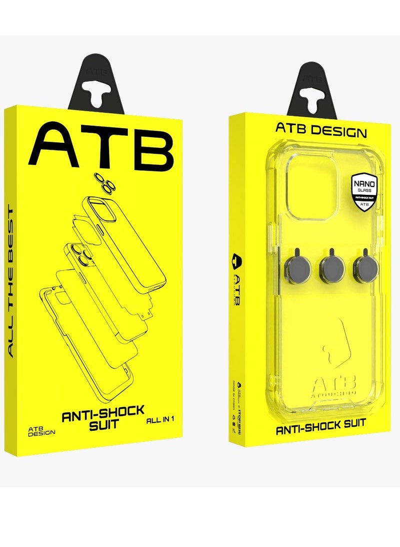 ATB 6-in-1 Full Protection Kit for iPhone 14 Pro Easy & precise installation with high-clear transparent glass screen protector A complete and easy-to-install protection solution. Includes: ultra-clear tempered glass screen protector, transparent plastic case, camera lens protectors, anti-dust mesh stickers for speaker openings, magnetic ring frame, and back protector. - Image 1