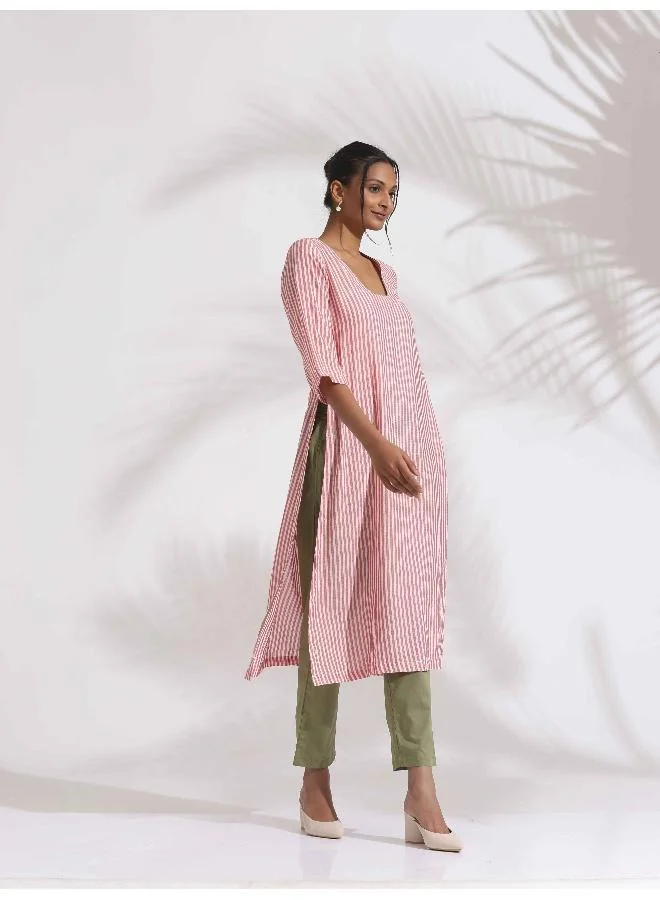 ترو برونز trueBrowns Red Cotton Stripe Straight Kurta Set