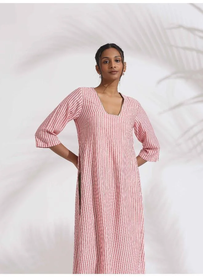 ترو برونز trueBrowns Red Cotton Stripe Straight Kurta Set