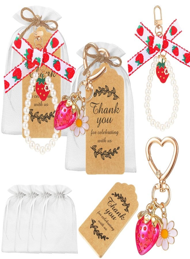 Ecation 20 Set Strawberry Keychain Party Favor Gift Set for Women Cute Key Chain Bag Charm Accessories with Thank You Card Organza Bag for Guests Baby Shower Party Favor Gift Wedding(Red Strawberry) - Image 1