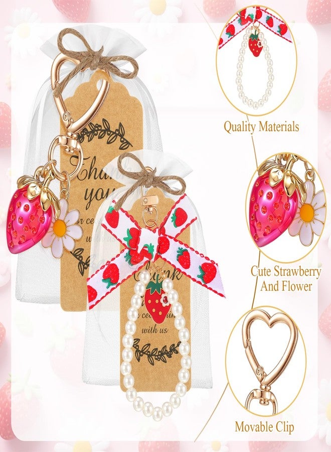 Ecation 20 Set Strawberry Keychain Party Favor Gift Set for Women Cute Key Chain Bag Charm Accessories with Thank You Card Organza Bag for Guests Baby Shower Party Favor Gift Wedding(Red Strawberry) - Image 3